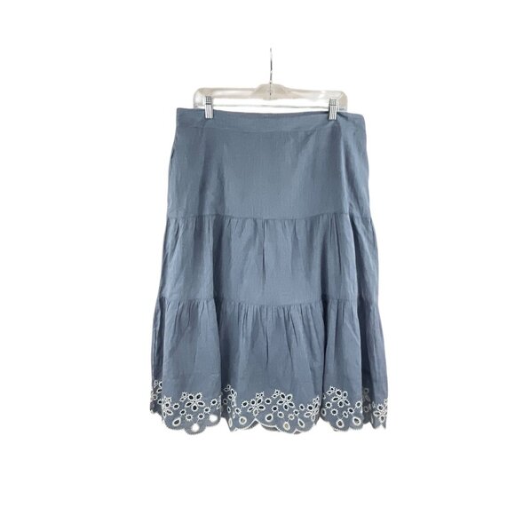 Isaac Mizrahi Live! Tiered Skirt LP Blue Embroidered Hem Cotton Blend Boho - Picture 2 of 6